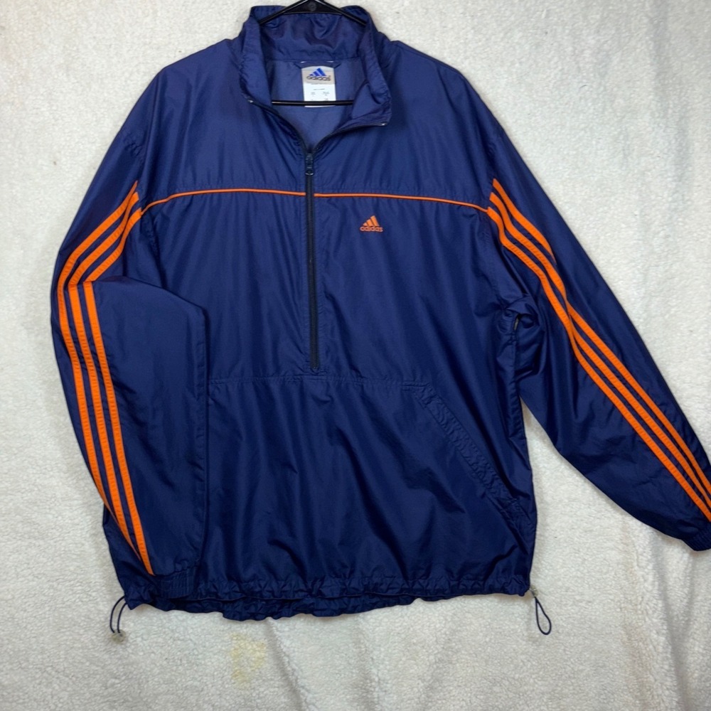 Adidas Windbreaker Jacket Navy Orange 3 Stripe Half Zip Pullover Men‎ Large